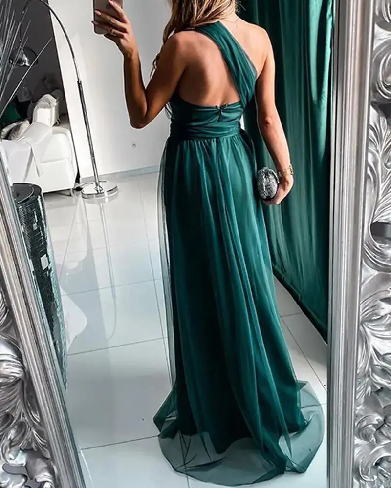 Sexy Women Green Satin Patchwork One Shoulder Prom Dresses Fashion Sleeveless Evening Dresses Backless High Split Vestidos Robes