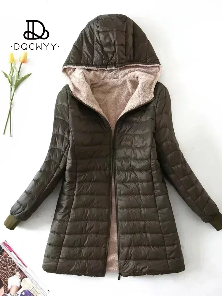 Women\'s Jacket Winter New Mid Length Korean Edition Hooded Fit Plus Fleece Cotton Coat Warm Lamb Fleece Parkas Winter Jackets