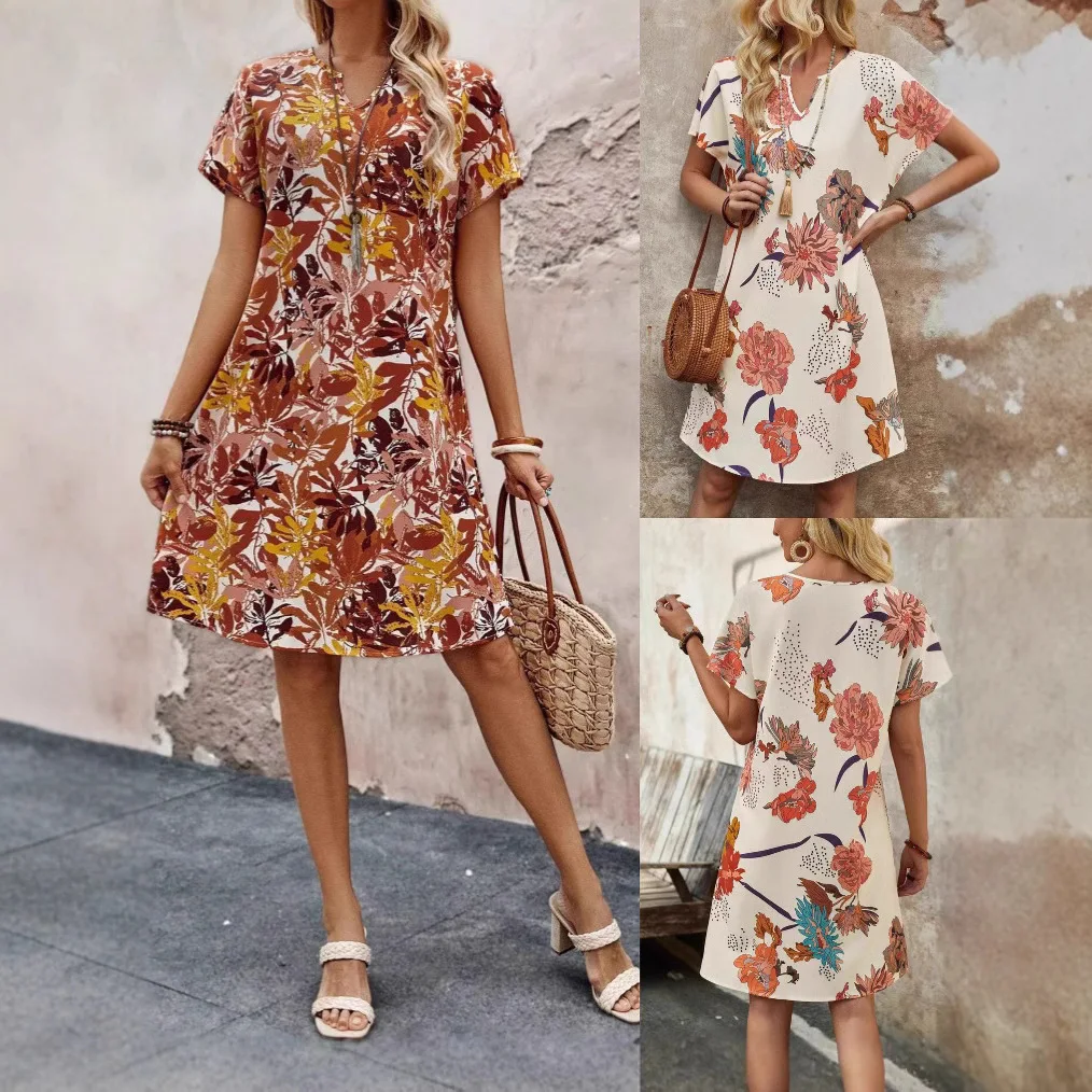 เดรสคอวีลายดอกไม้ใหม่ประจำฤดูใบไม้ผลิและฤดูร้อนของ Temu