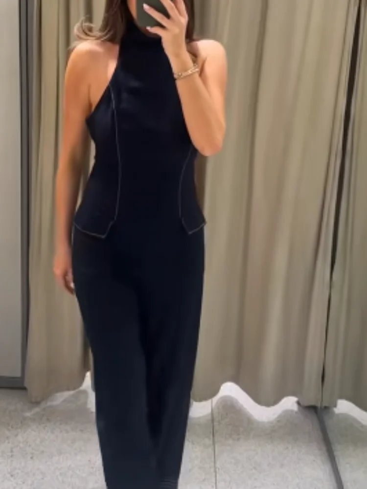Women Denim Halter Backless Bodysuit Retro Fashion Sleeveless Off-shoulder Tight Vest Wide-leg Jumpsuit 2026 Lady Street Outfit