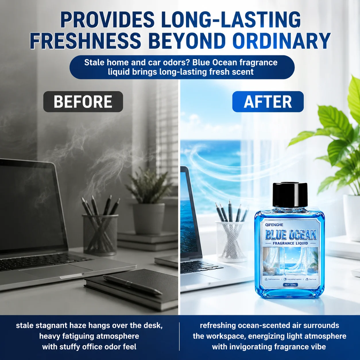 Long Lasting Blue Ocean Scent Room Diffuser Liquid for Office Desk Bedroom Gym Clear Musty Haze 50ml Pack