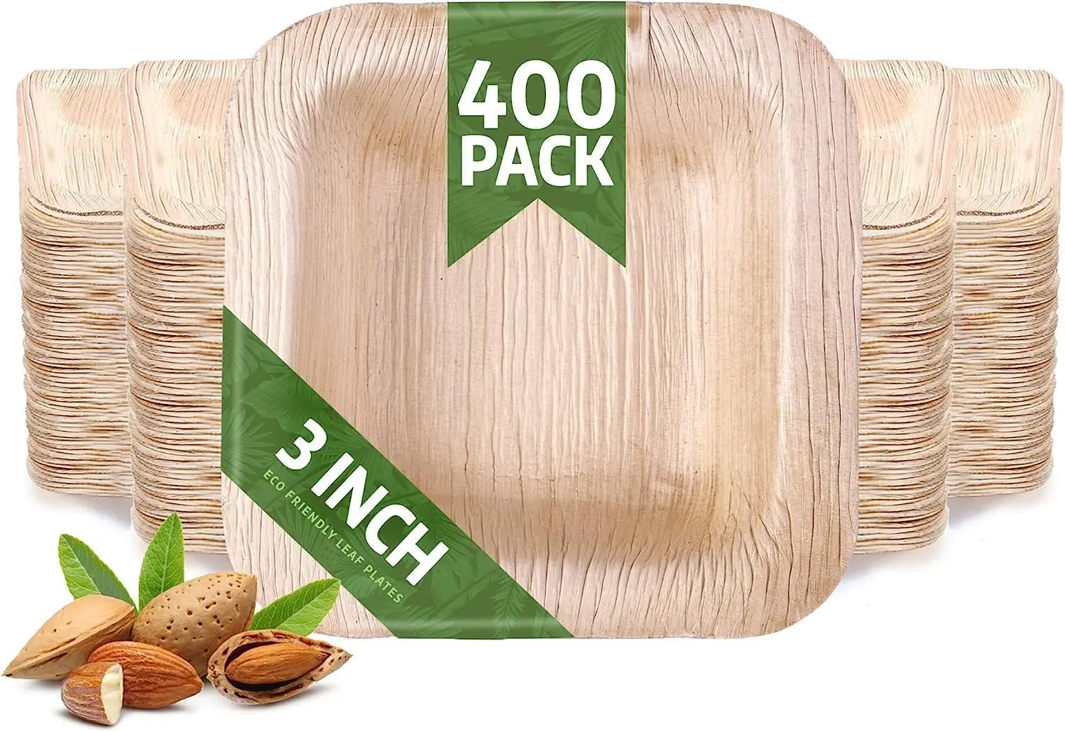 

400 Pack of 3 Square Disposable Palm Leaf Plates Bowls Set - Sturdy