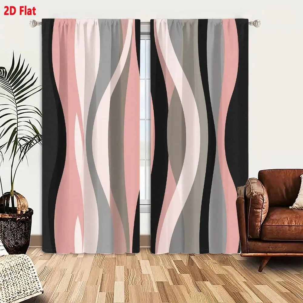 2Pcs Curtains 2D Flat Abstract Pattern With Vertical Wavy Shapes In Shades Of Pink Gray White Black On Solid Dark Gray Or Black