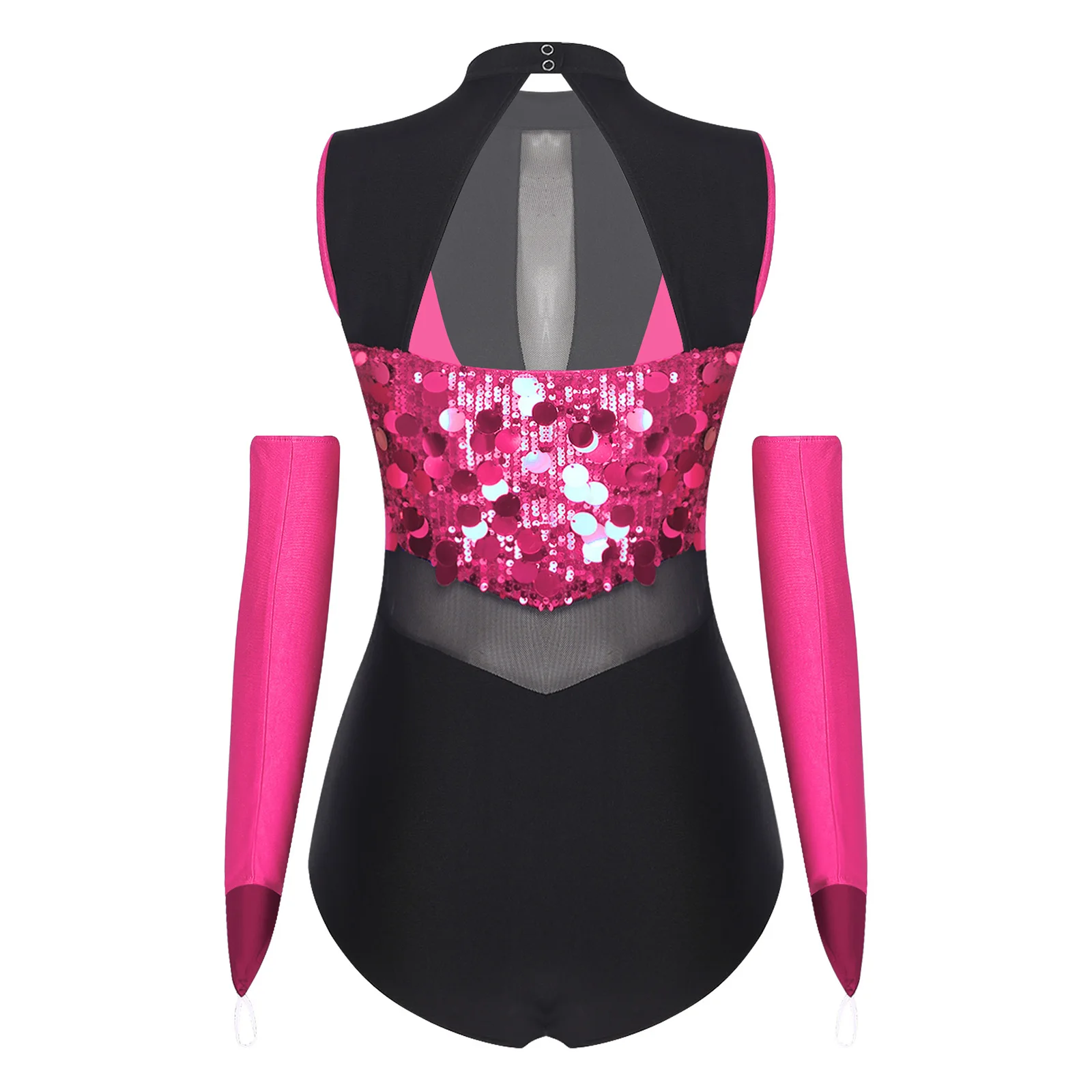 النساء الترتر الشكل التزلج اللاتينية الجاز ملابس رقص الجمباز أكمام بقماش شفاف الجمباز ارتداءها مع قفازات قاعة الرقص #4