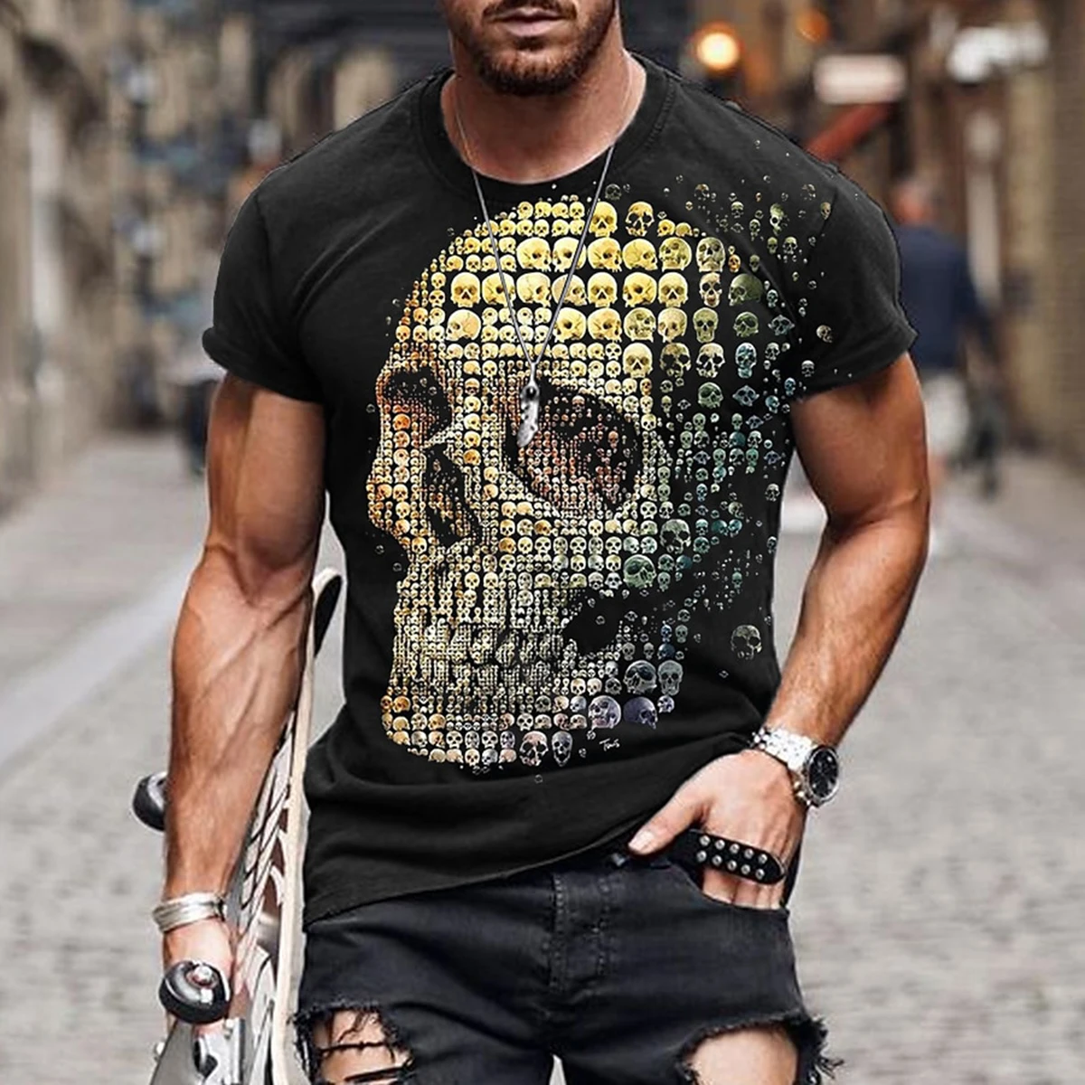 Family Matching T‑Shirt Multi‑Skull Mosaic Print Parent‑Child Short Sleeve Tops Gothic Casual Streetwear O‑Neck Tees