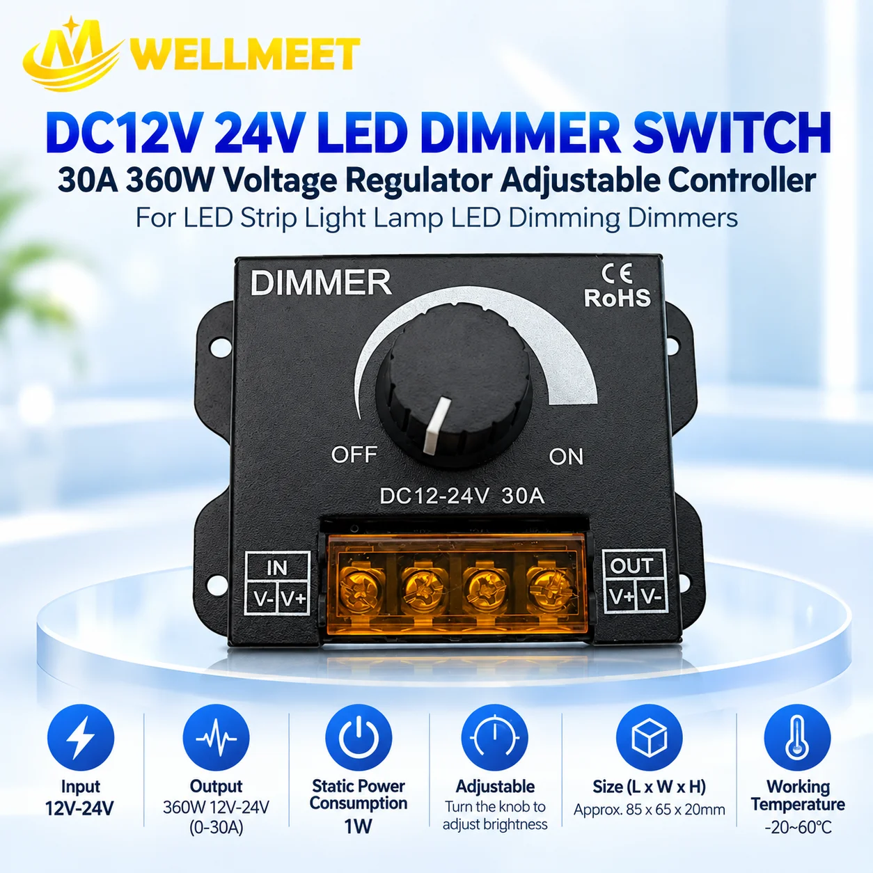360W PWM Knob Dimmer DC12-24V 30A Single Color LED Light Strip Controller