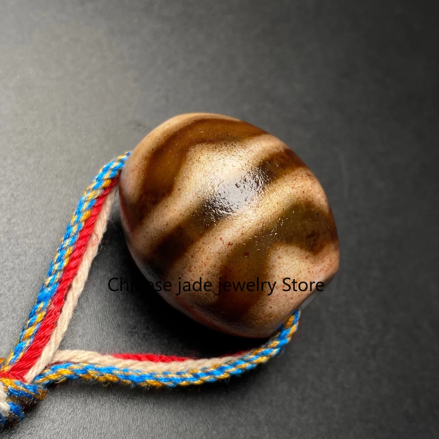 Rare Tibetan Old Agate DZi *Tiger Teeth* Daluo Bead Amulet Pendant 26mm M0401