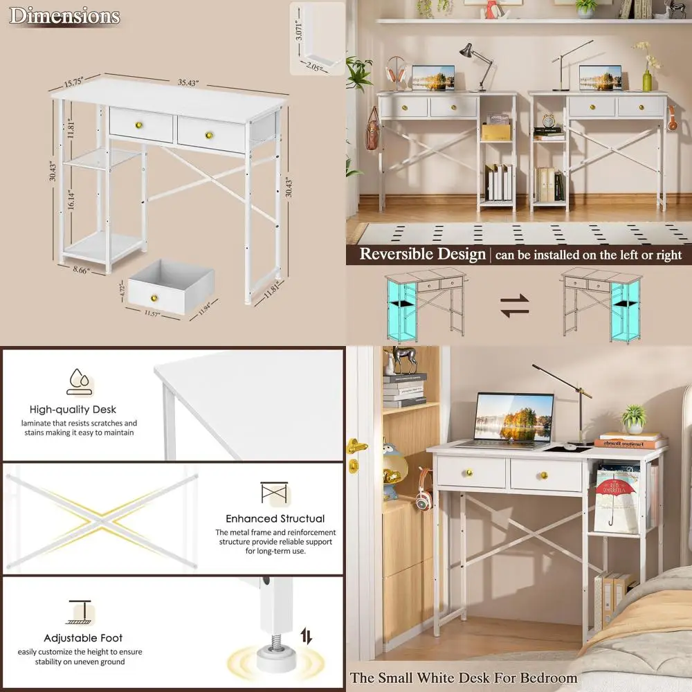 

White Computer Desk, 36 Inch Small Desk with Drawers, Home Office Desk with Storage Shelves for Bedroom, Living Room, Dorm, Vani