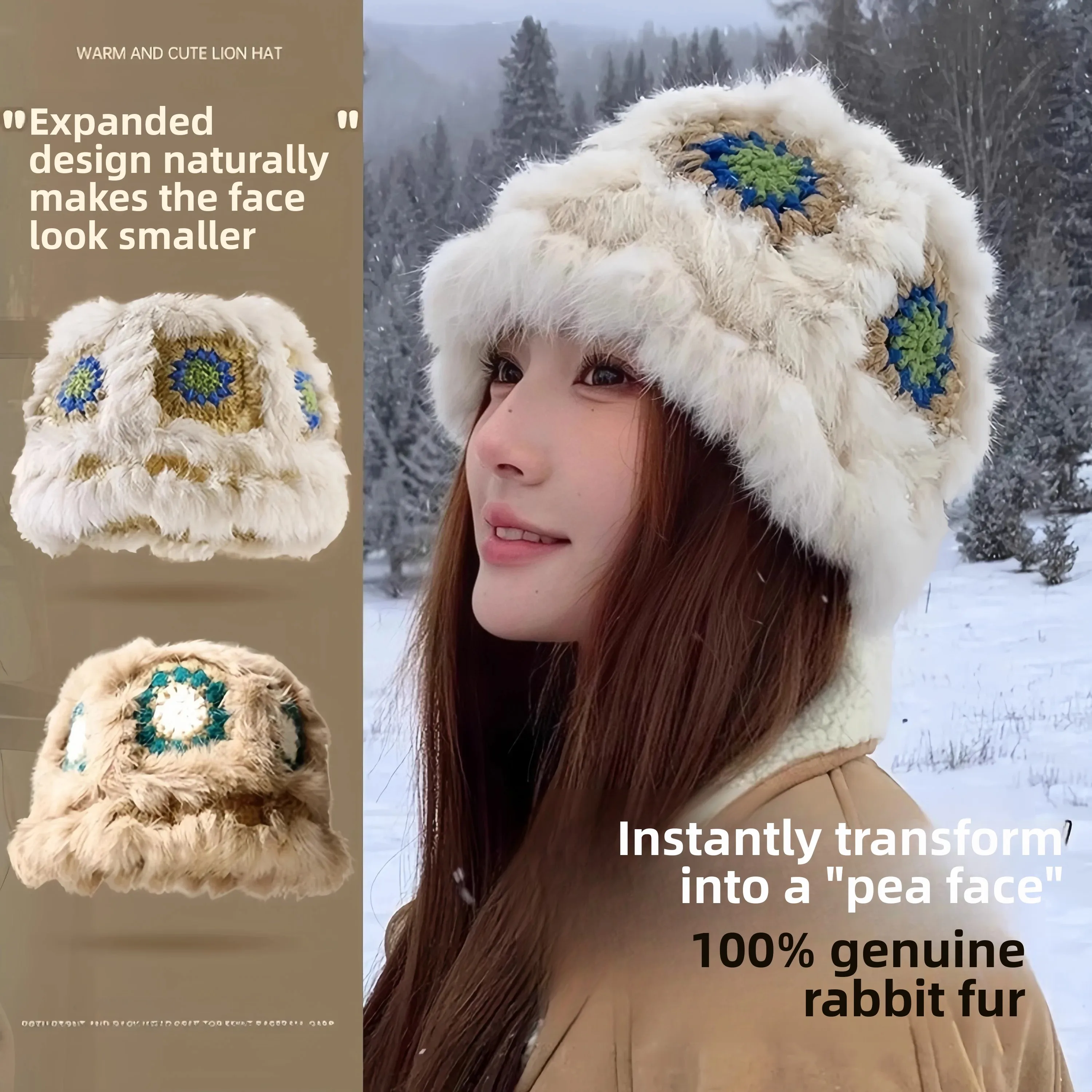 

Lhasa Tibet Snow Mountain Travel Furry Knitted Rabbit Fur Yarn Hat Winter Warm Cap for Youth Tourist Scenarios Foldable