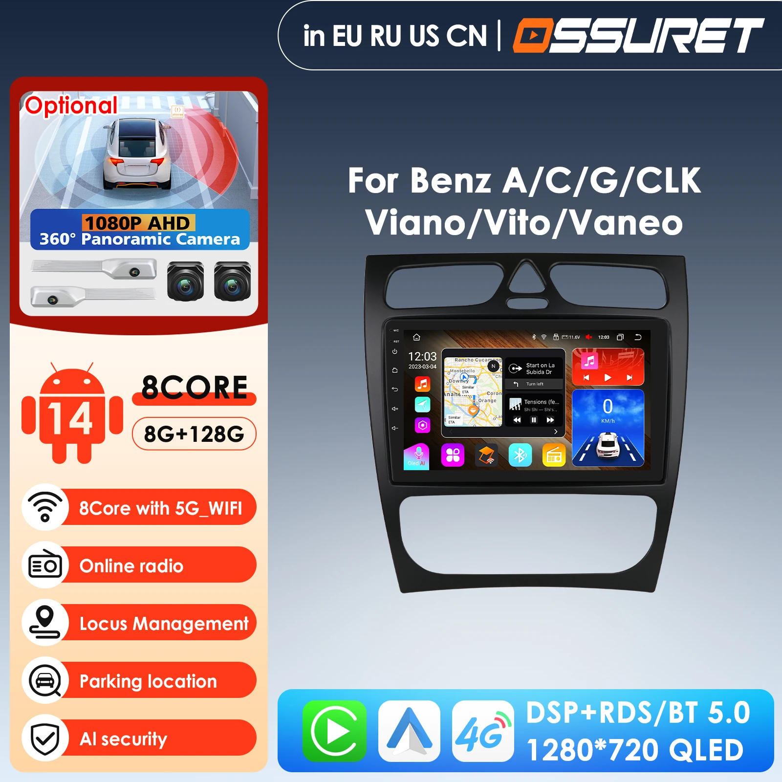 

Carplay 4G 7862 Android14 Car Radio for Mercedes-Benz A W168 C W203 G W463 Vaneo Vito Viano CLK Class C209 Multimedia Video GPS