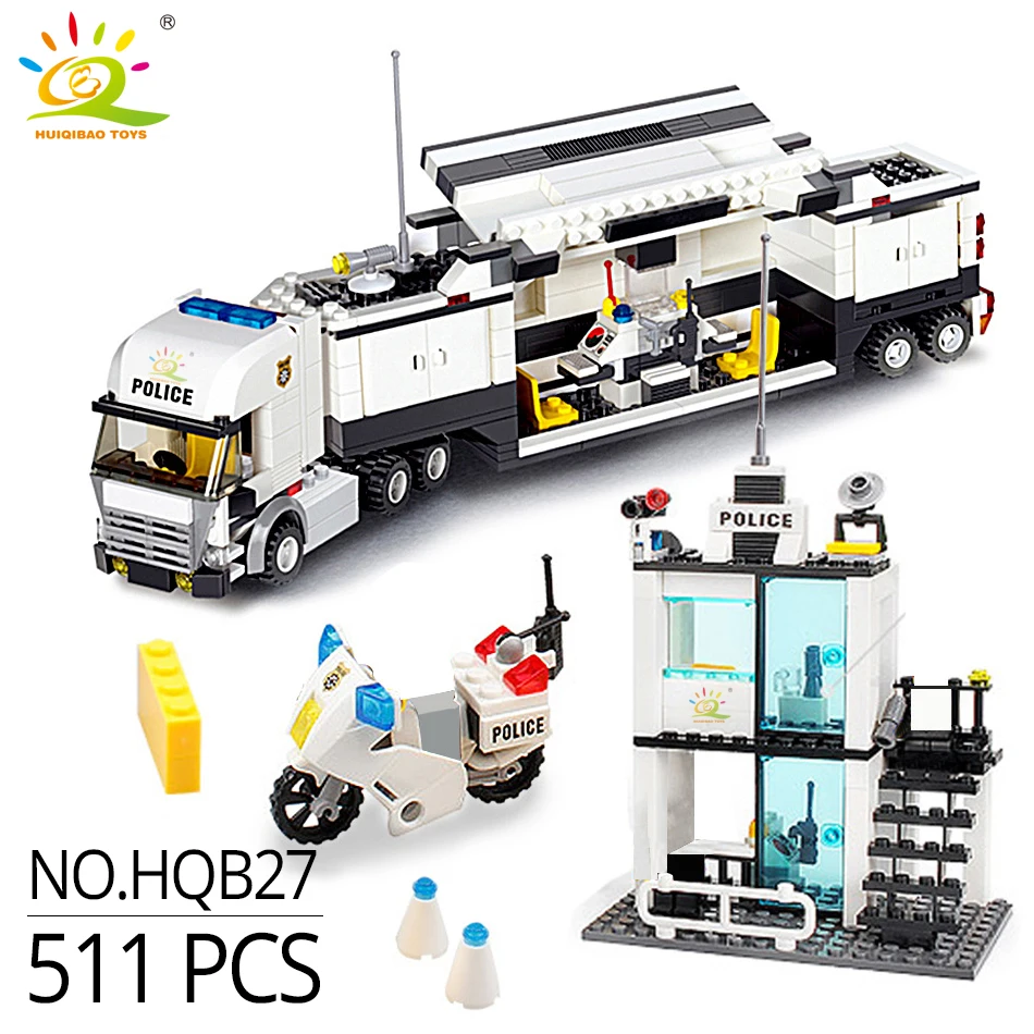 HUIQIBAO City Police Station Building Blocks Prison Truck Helicopter Boat with Policemen Construction Bricks Toys for Children