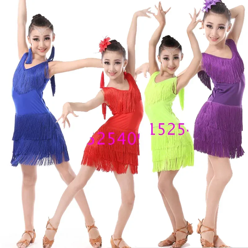 Children Professional latin Dancing Clothes Girls Latin Ballroom Dancing Dress Kids Salsa Tassels Stage Dancewear Costumes Dress