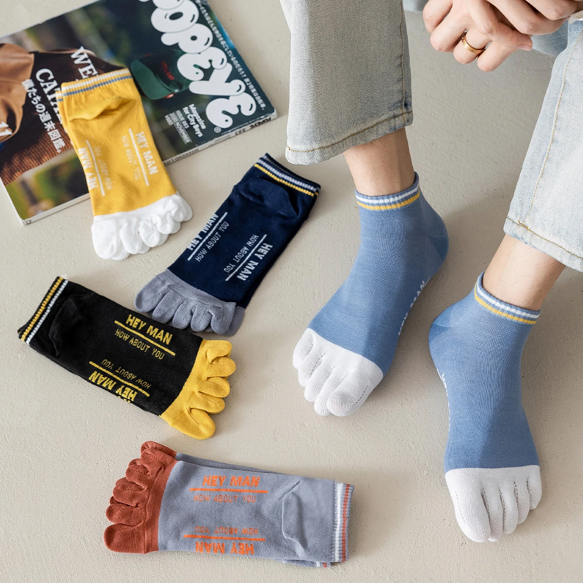 3-Pair Men's Cotton Spring Autumn Color Blocked Letter Slogan Fashion College Style Sports Breathable Summer Five Finger Socks