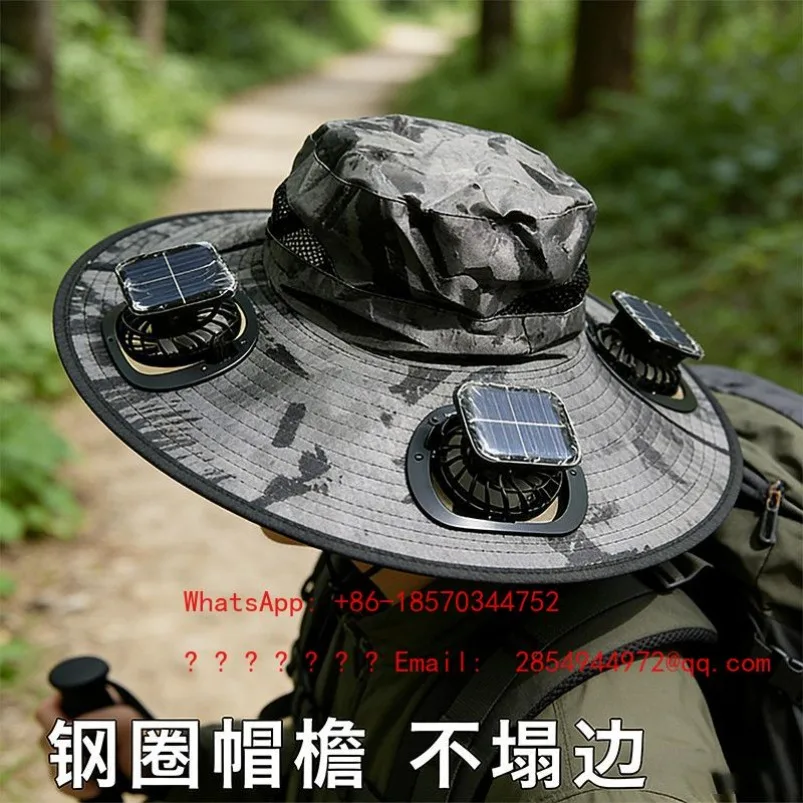 Outdoor Steel Rim Solar Three Fan Hat, Mountaineering Fishing UV Protection Sunshade Fisherman Fan Hat