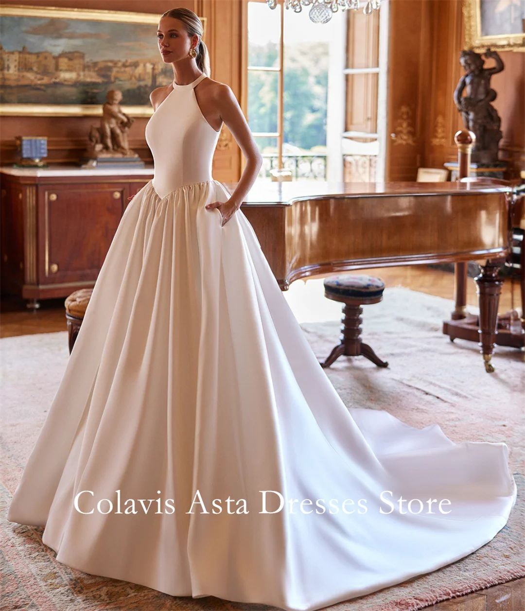 

Fanan Halter Neck Ivory Sleeveless Wedding Dress Side Pocket Customized Satin Floor Length Bridal Party Gown Vestidos De Novia