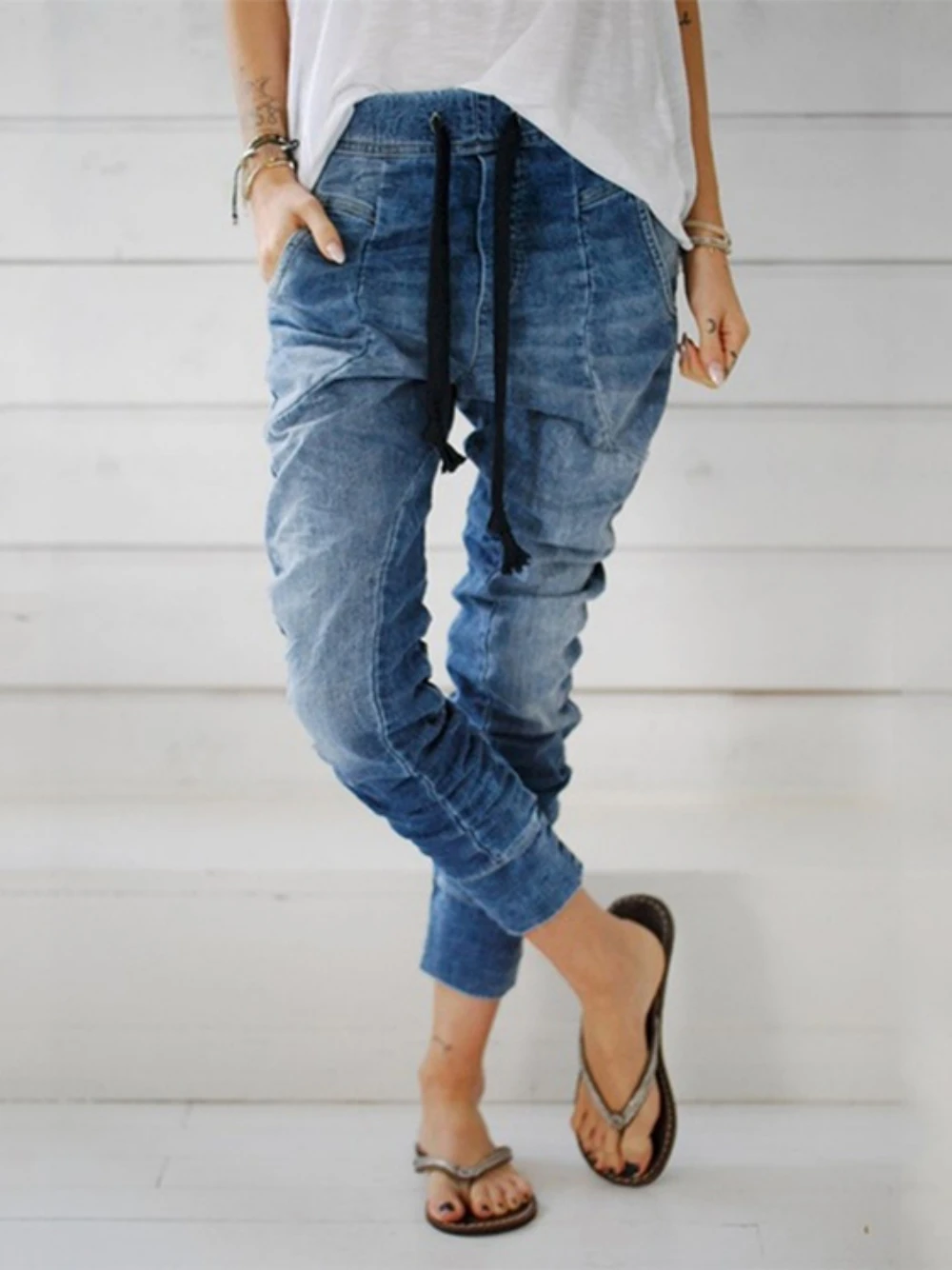 Fall 2023 Women's Loose Jeans Plus Size Elastic Waist Ladies Comfortable Casual Foot Retraction Lantern Pants