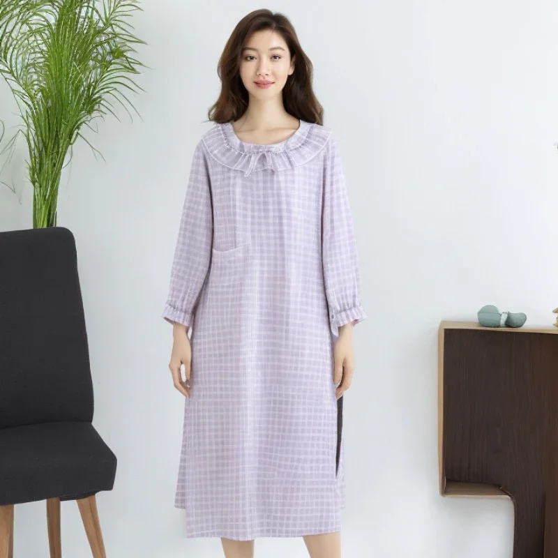 Spring Cotton Double-layer Yarn Sleepshirts Women Long Loose Nightdress Sweet Plaid Long-sleeved Home Clothes Nighty for Ladies