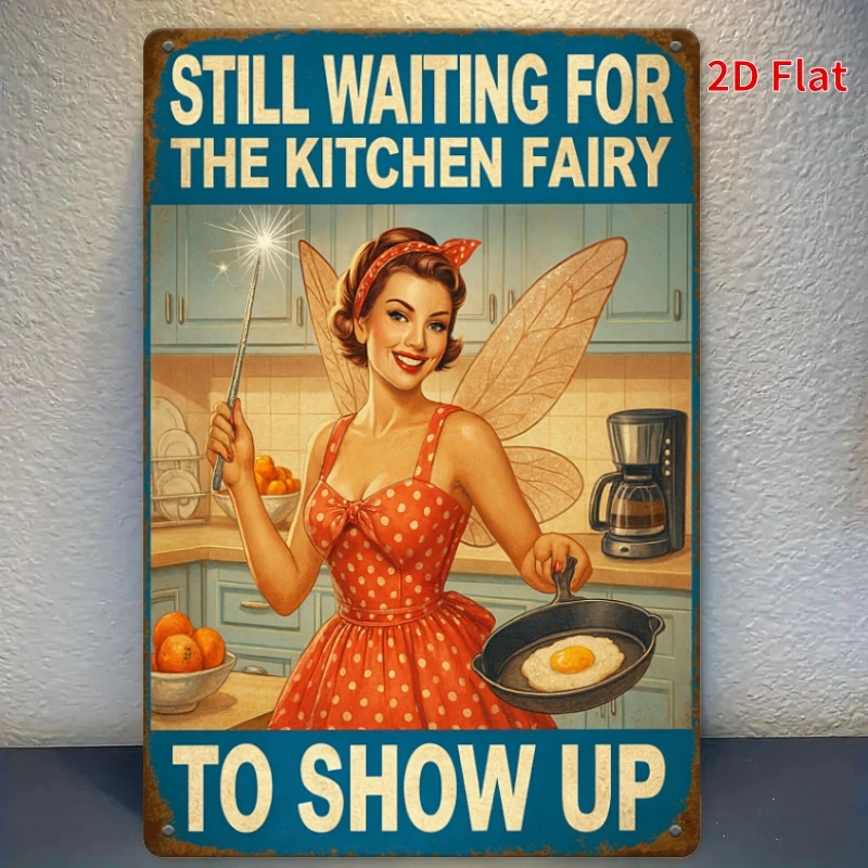 Funny Still Waiting for the Kitchen Fairy Metal Wall Art, 2D Flat Fantasy Fairy Sign, Vintage Iron Wall Decor for Kitchen, Dinin