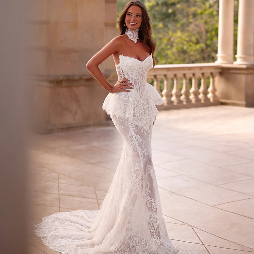 Maßgeschneidertes Spitzen-Brautkleid mit Applikationen Elegante Meerjungfrau-Silhouette Sweetheart-Brautkleid Sexy Rückenfreies Ärmelloses Kleid