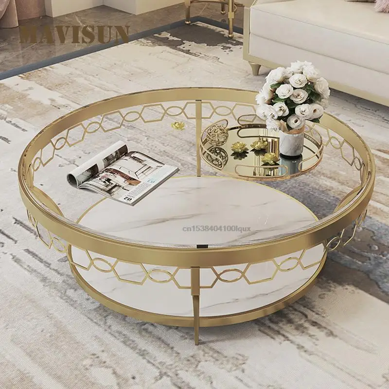 Mavisun Luxury Gold Coffee Table Home Decore 2 Layers Designer Hollow Edge Finish American Style Modern Living Room Center Table