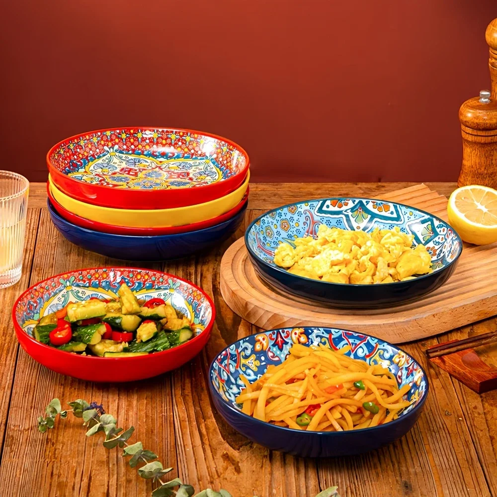 

Bohemian Ceramic Plate Home Creative Western Food Fruit High-rimmed Round High-value Oven Microwave Applicable