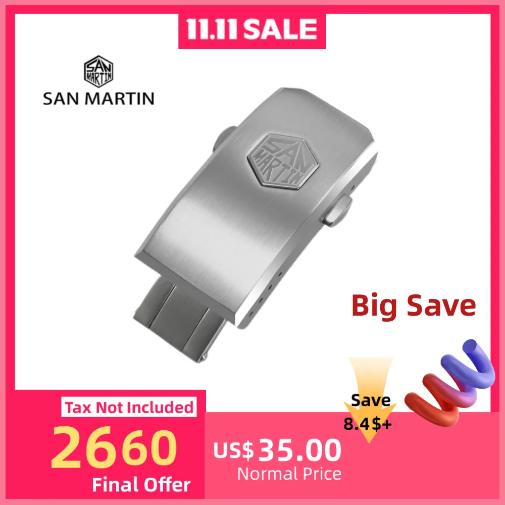 

San Martin 16mm 18mm 316L Stainless Steel Universal Folding Clasp With Safety For Watch Bracelet Strap Fine-Tuning Function
