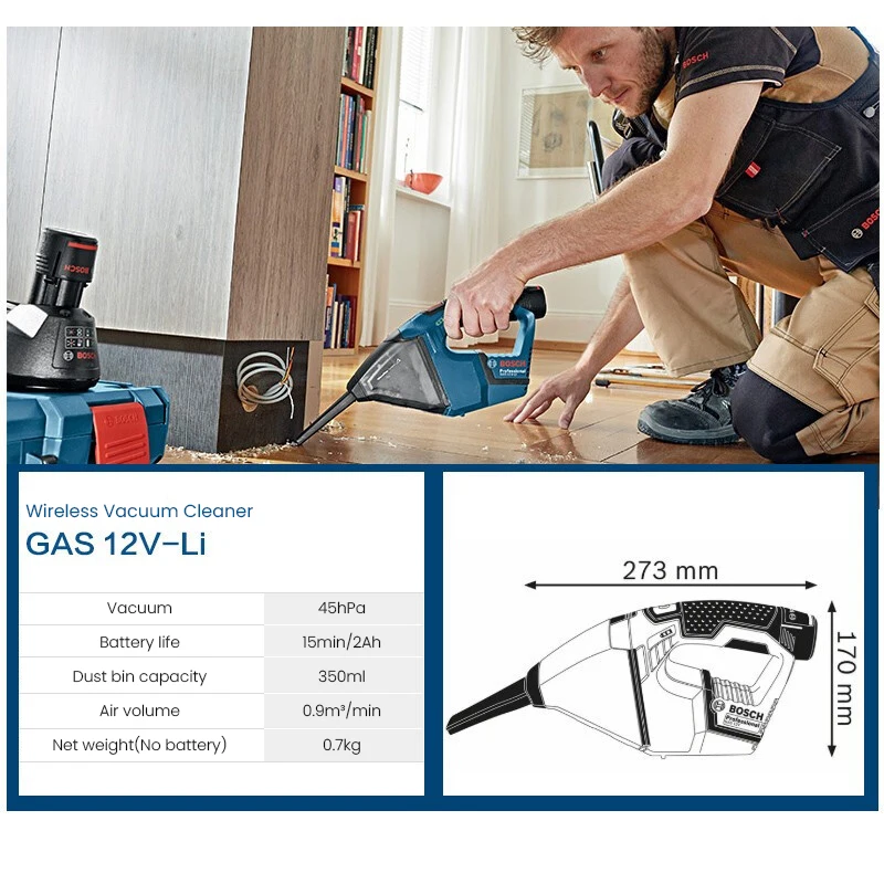 Bosch Professional GAS 12V-LI Vacuum Cleaner Cordless Handheld Vacuum Cleaner 15Mins 45Pa Suction 350ML Dust Cup Without Battery