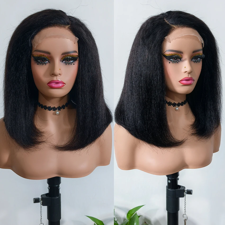 Kinky Straight Human Hair Glueless Wig Wear Go 4C Ombre Brown Afro Yaki Straight Hair HD Lace Wig for Black Women 200% Density - view 4