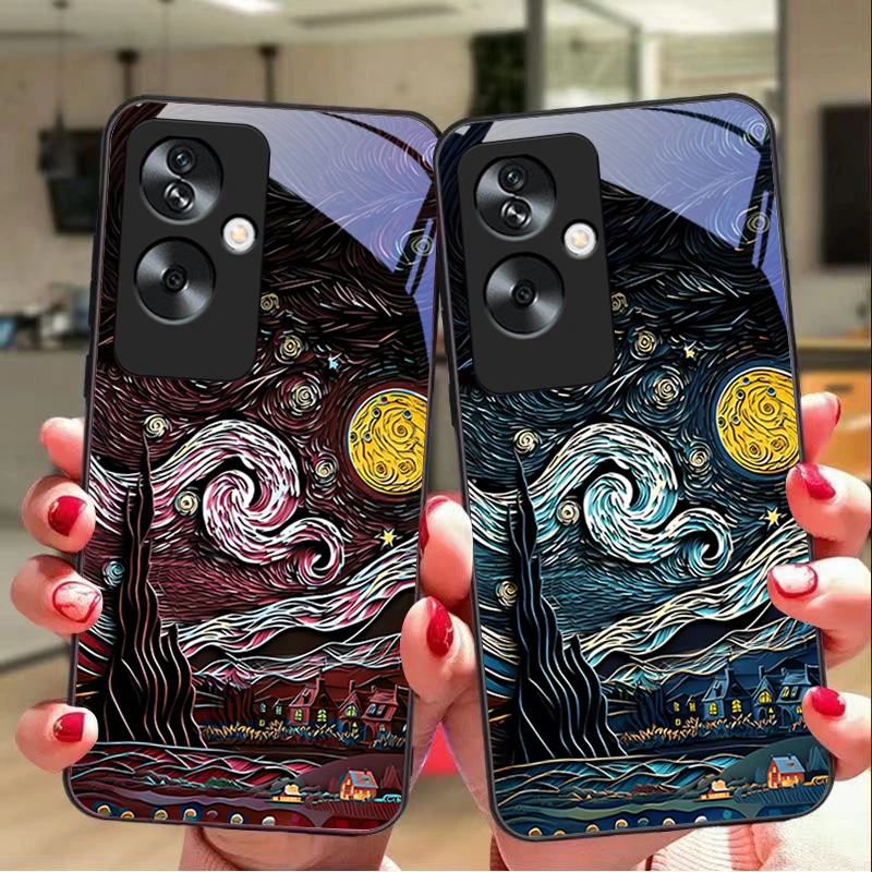 Retro oil painting For Oppo A79 5G 58 78 74 60 4G Reno 11F Realme GT 6 11 Note 50 10 C55 X2 Tempered glass black phone case