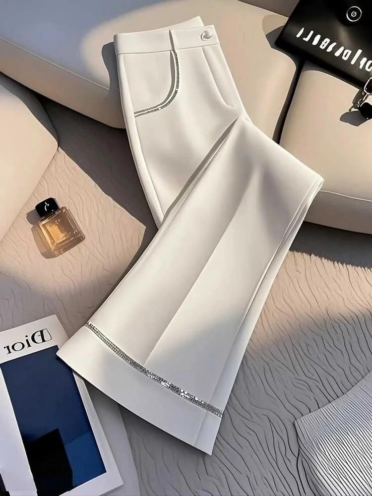 

Женские брюки с высокой талией, облегающие, струящиеся, белые, в корейском стиле, прямые, расклешенные, повседневные, для ранней весны, новинка