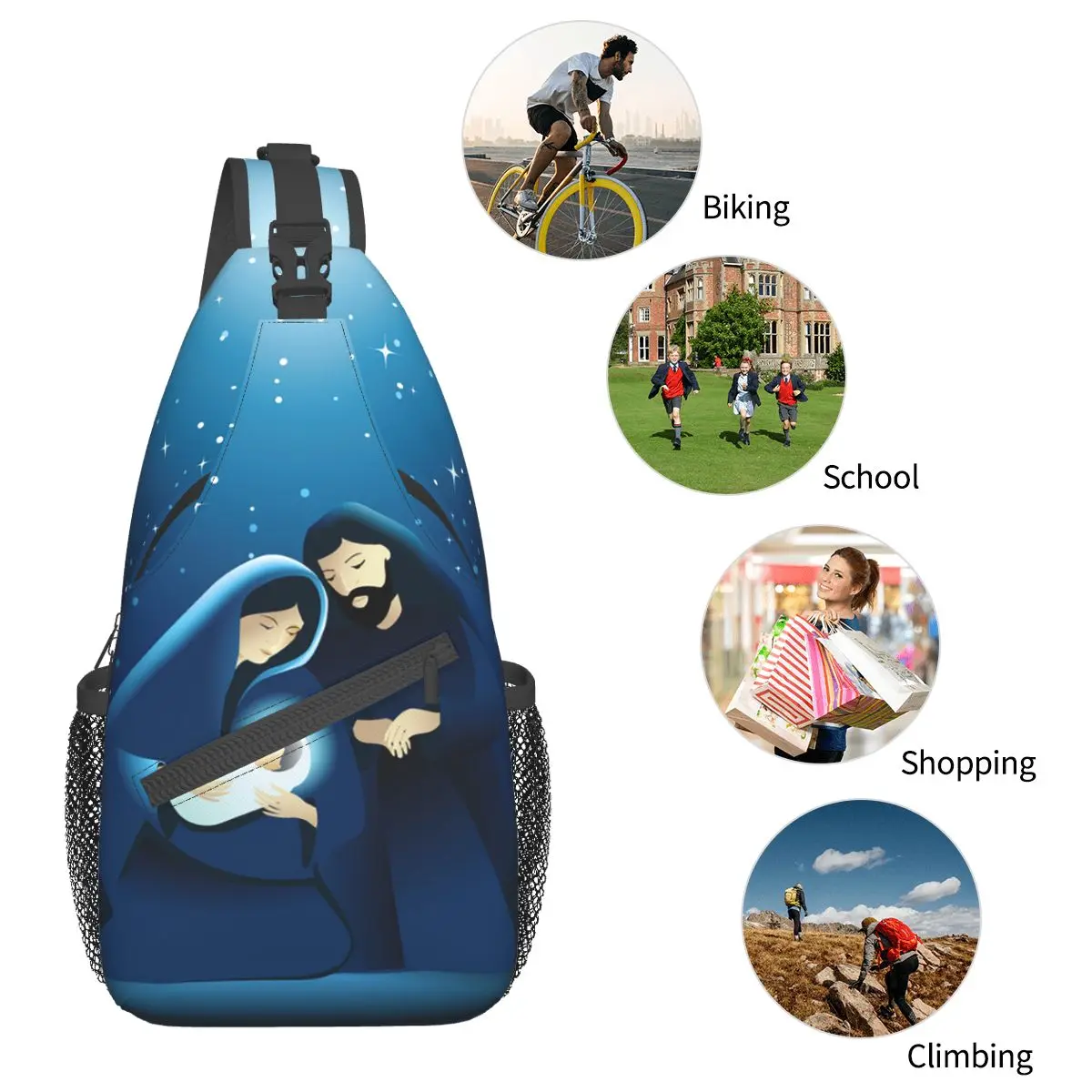 Krippe heilige Familie Cross body Schulter taschen Mode Brusttasche Cartoon Schulter Rucksack Tages rucksack Reise Wandern Camping Pack