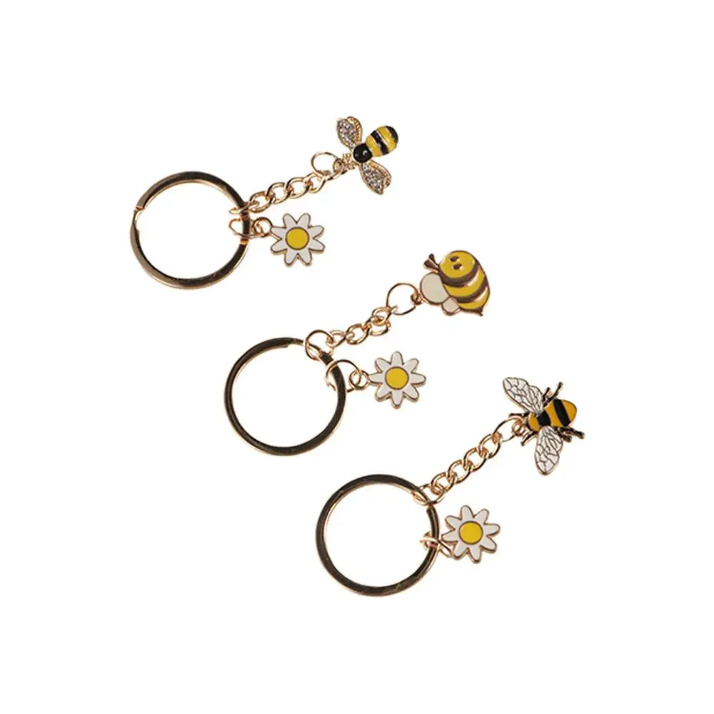 Cute Bee Flower Key Ring Cartoon Mini Garden Key Chains Charms Backpack Decor Metal Enamel Pendant Jewelry Gifts