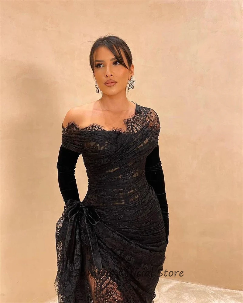 SUMNUS Black Lace Sexy Women Prom Dresses Off Shoulder Long Sleeves Arabic Cocktail Party Evening Gowns Robe De Soiré Customized