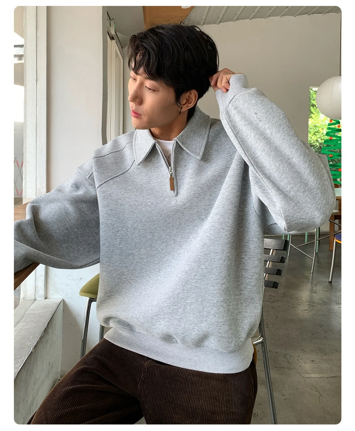 TFETTERS Eu Size 2026 Men Half Zip Collared Sweatshirt Autumn Heather Gray Pullover Loose Fit Casual Daily Long Sleeve Sweat Top
