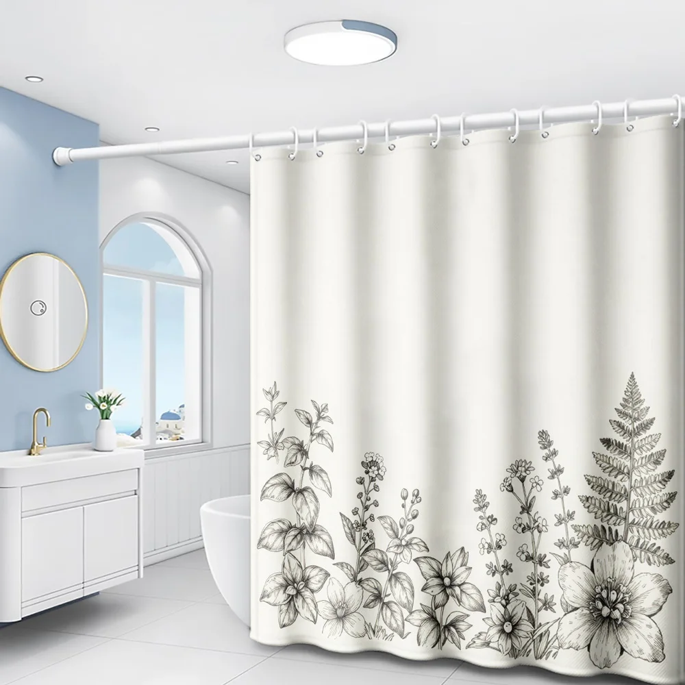 1pc Floral Plant Easy Natural Style Printed Shower Curtain Bathroom Home Decor Shower Curtain with Plastic Hooks Included for Ho