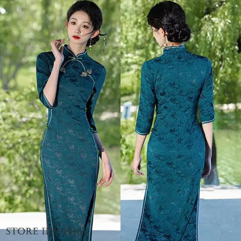 

Vintgae Classic Jacquard Long Cheongsam Chinese Traditional Women's Dress Qipao Elegant Slim Split Maxi Dress Sexy Vestidos