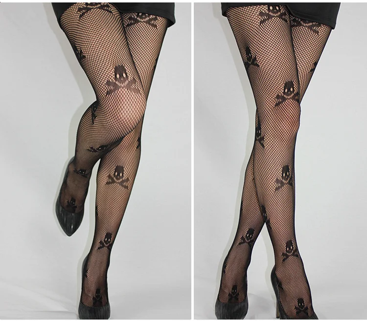 Moda donna signora ragazze nero Sexy modello a rete calze Jacquard collant collant teschio donna 1 pz dww34