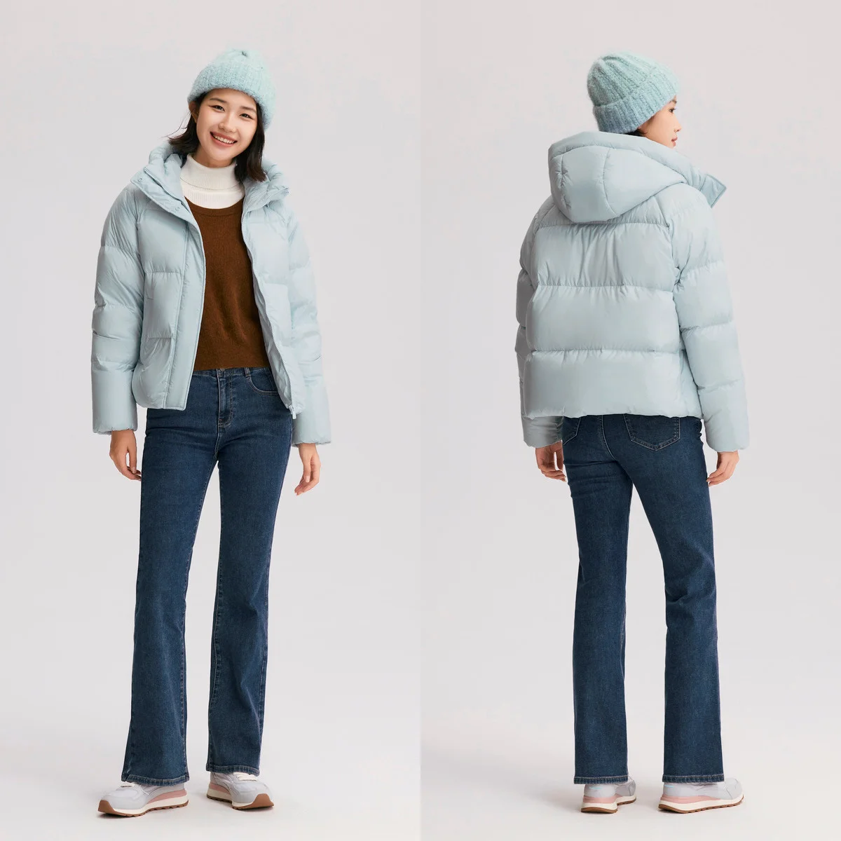 Jaqueta semir com capuz feminino, casaco puffer versátil, à prova de três, monocromática, solta, nova, inverno, 2024