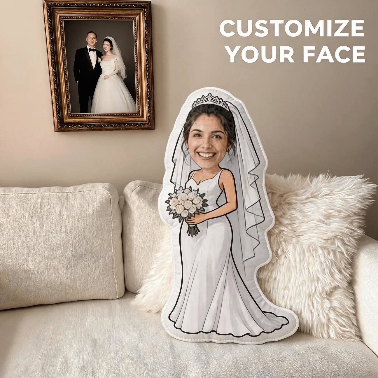 Personalized Bride Shaped Pillow with Photo Insert - Custom Wedding Cushion Suitable for Sofa & Bed, Wedding Dress & Tiara Decor