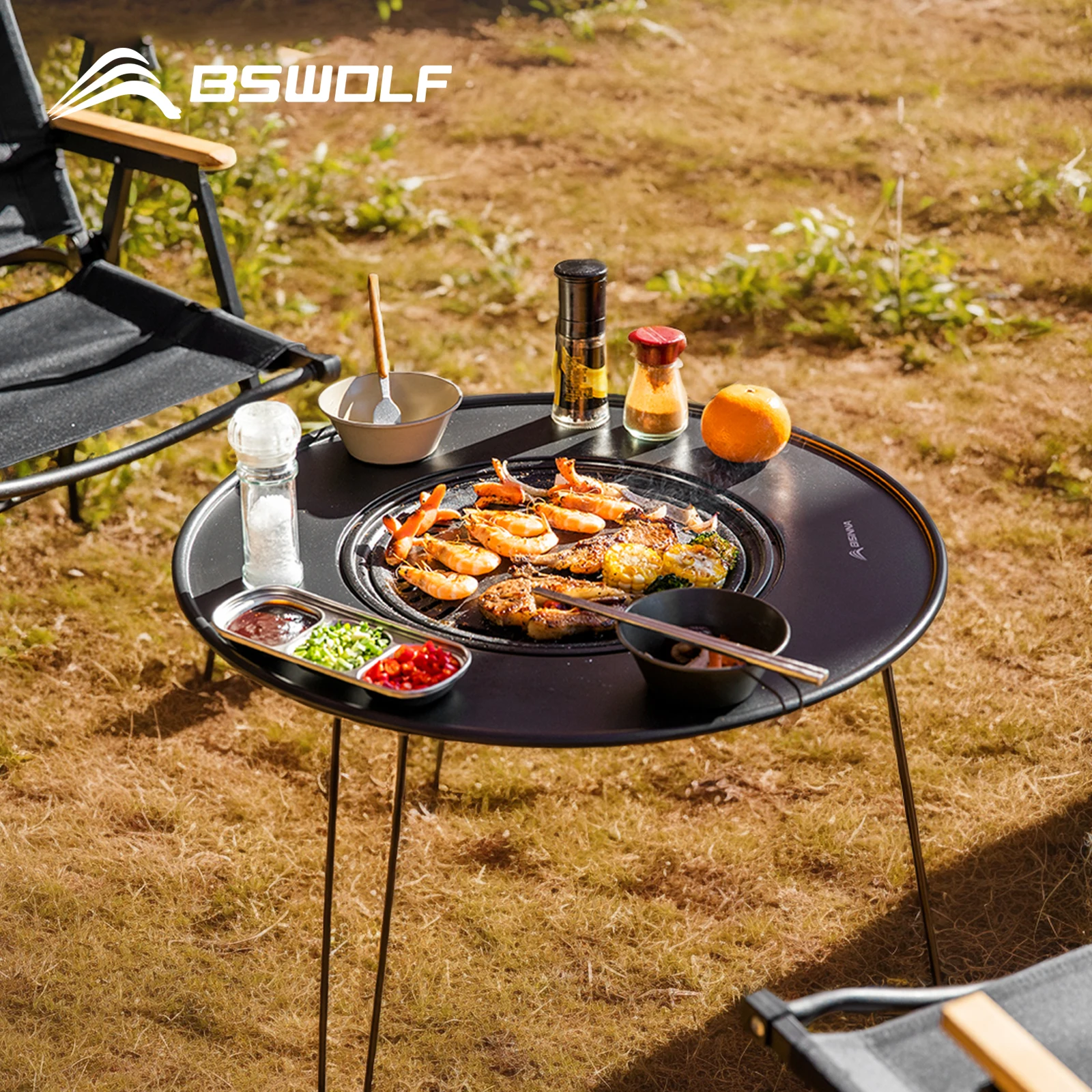 

BSWolf Folding Barbecue Round Table Iron Stove Portable Camping BBQ Charcoal Grill With Storage Bag Patio Tea Boiling