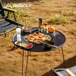 BSWolf-Table ronde pliante portable avec sac de rangement, réchaud en fer, barbecue de camping, gril à charbon de bois, thé bouillant