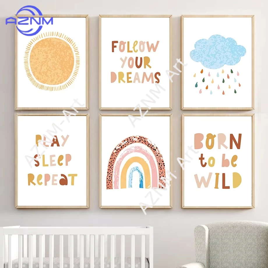 1Pc/6Pcs Cartoon Sun Cloud Rainbow Dream Quotes Nursery Canvas Painting Wall Art Nordic Posters And Prints Wall Kids Room Decor