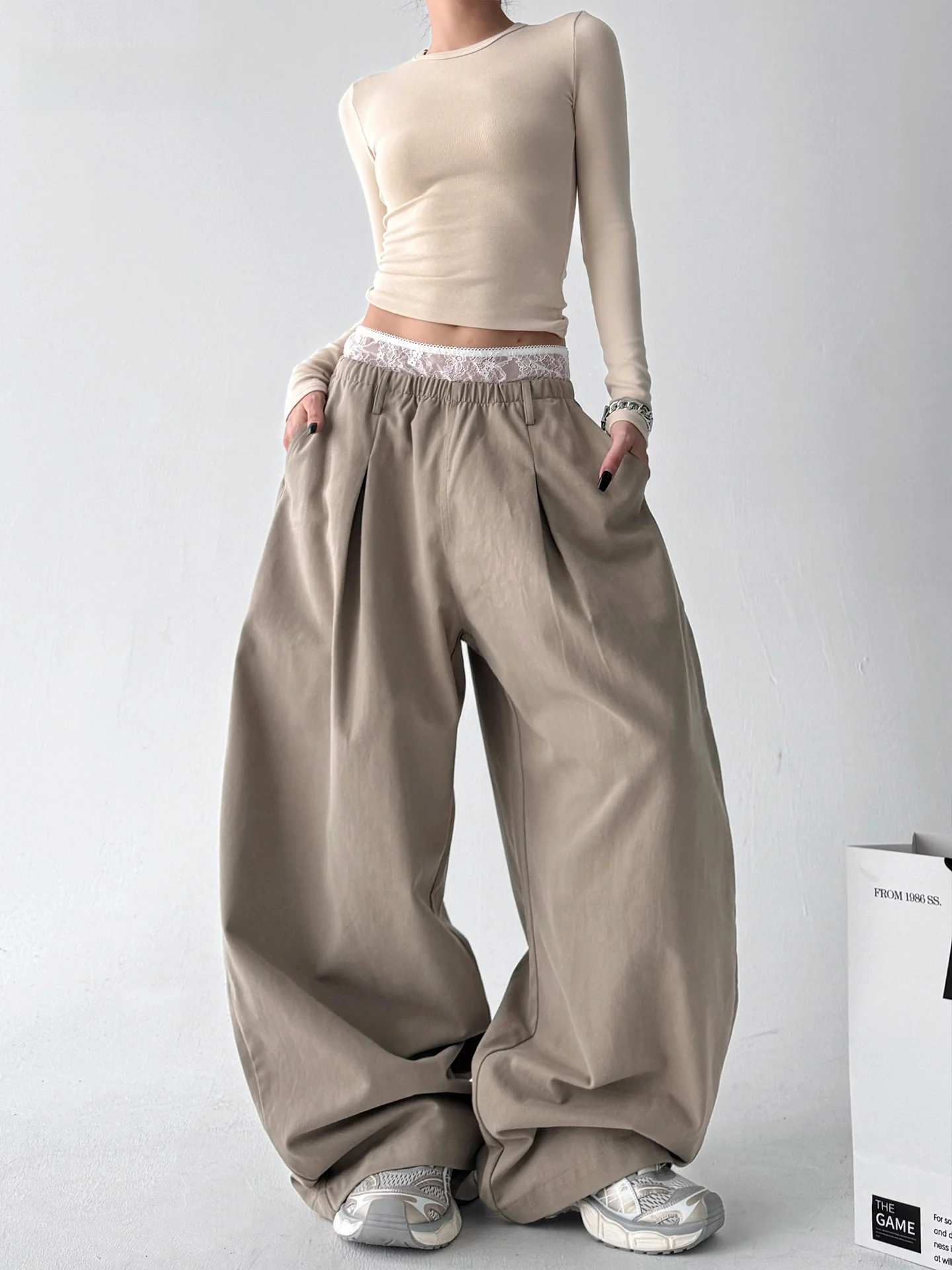 

Модные женские брюки с широкими штанинами и кружевными вставками, с высокой талией, повседневные, осенние, дизайнерские, для офиса