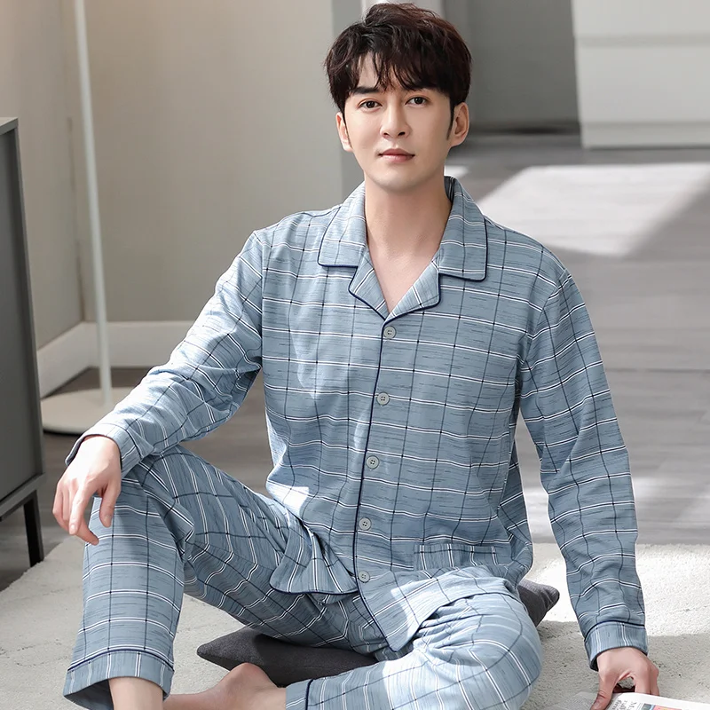 Men's 100% Cotton Lapel Cardigan Pajamas Plaid Sleepwear Spring Autumn Casual Comfortable Pajamas for Men Big Yards Pajama Sets