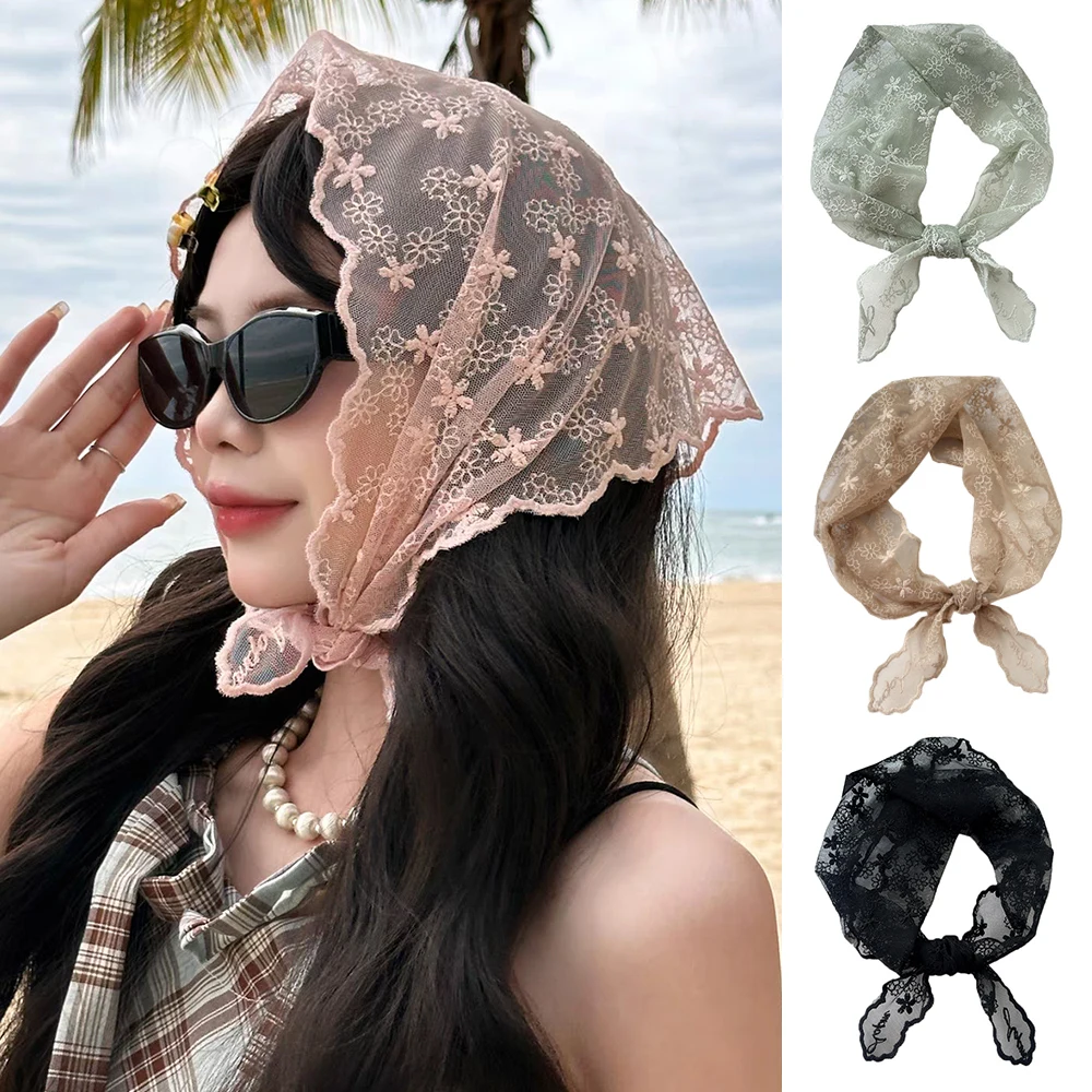 Bufanda de seda dulce de verano para niñas, bufanda Vintage, bufanda triangular de encaje para mujeres musulmanas, accesorios para el cabello Hijab