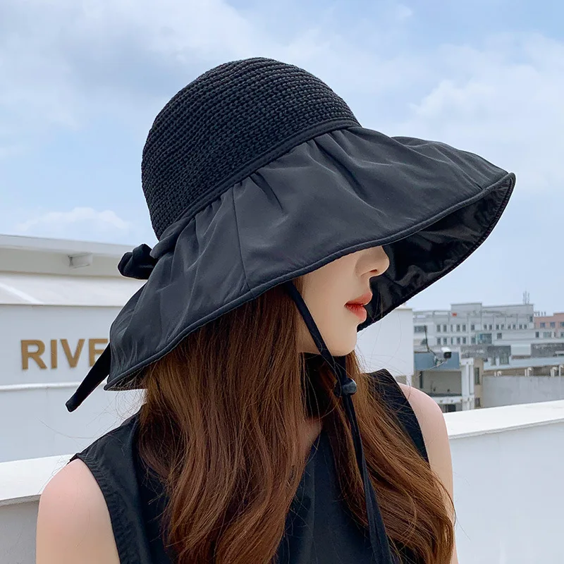 Summer fashionable anti-UV vinyl beach hat with large brim bow fisherman hat commuter sun protection hat wholesale