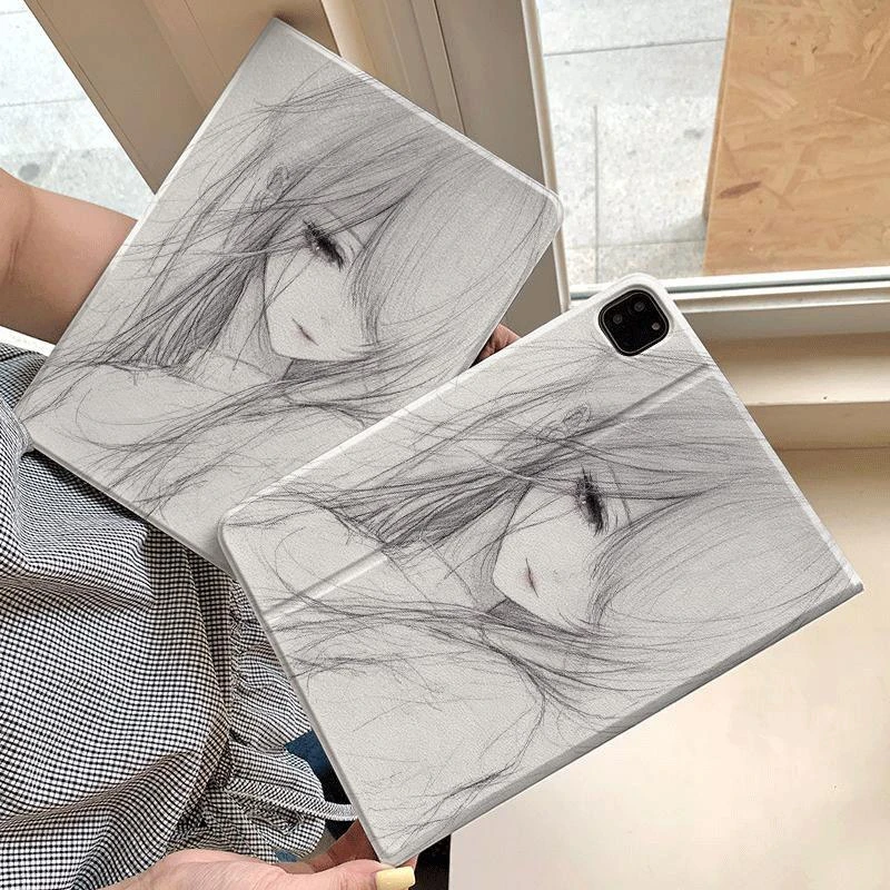 Sketch Comic Girl Y2K Tablet Case For iPad Pro 11 12.9 13 A16 M2 M4 M3 M5 Shell 10.2 5/6/7/8/9/10/11th Mini Air 3 4 5 6 7 Cover