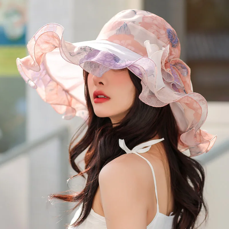 Stilvoller Damen-Sonnenhut mit Breiter Krempe für den Sommer, Dünner Blumen-Strandhut mit UV-Schutz, Modischer Sonnenhut mit Großer Krempe