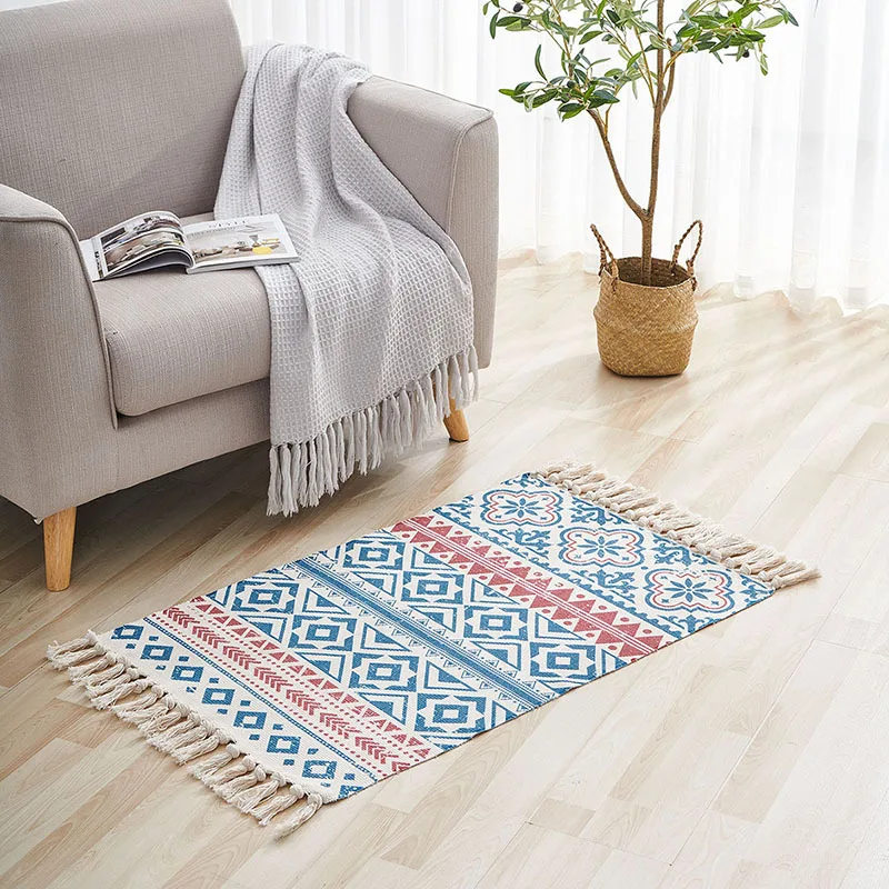 Hand Woven Cotton Linen Entrance Doormat Tassel Geometric Floor Mat Living Room Bedroom Bedside Rugs Home Decor Bohemian Carpets