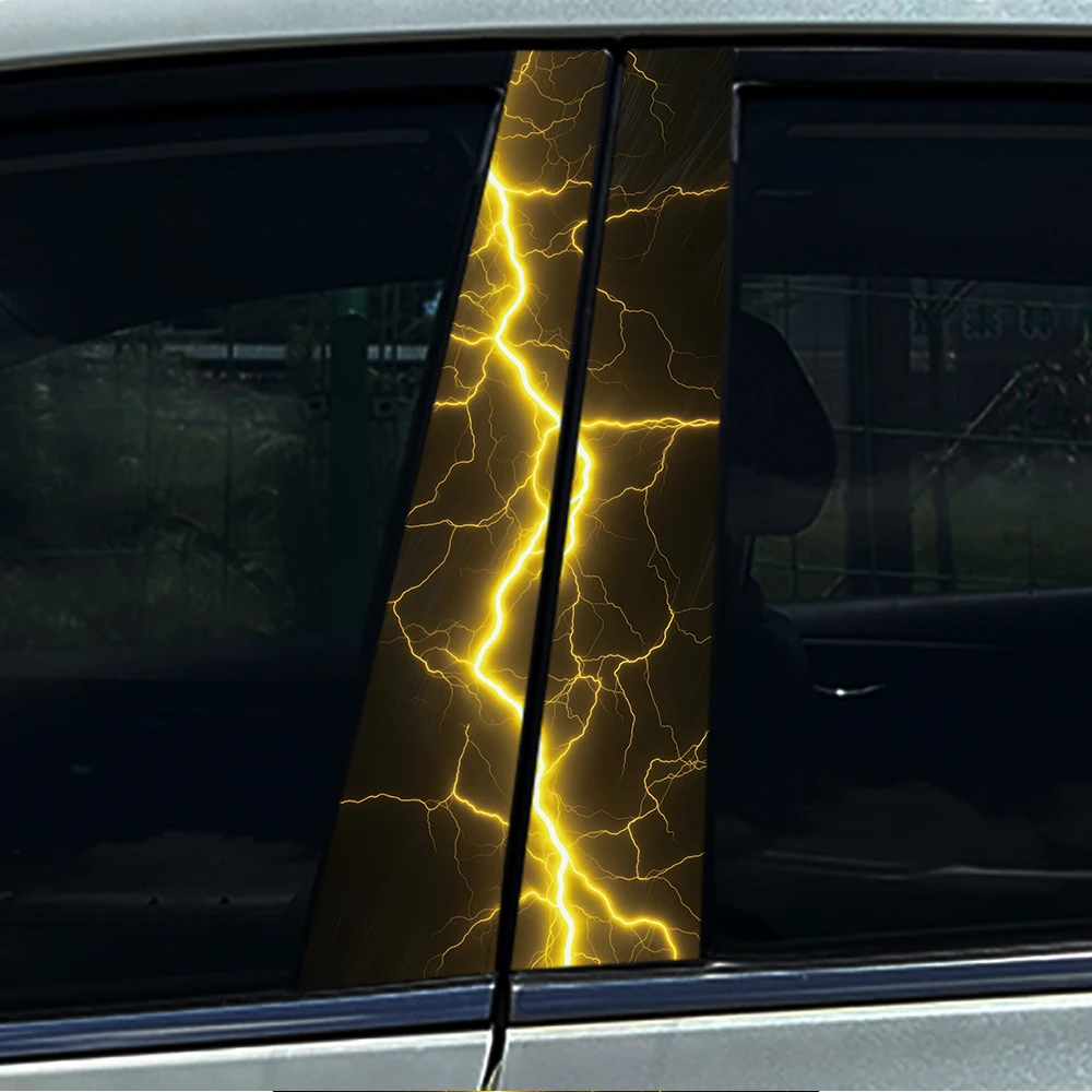 2PCS Golden Lightning Car B Pillar Sticker Waterproof PVC Decal Anti-Scratch Door Column Cover for Universal Vehicles